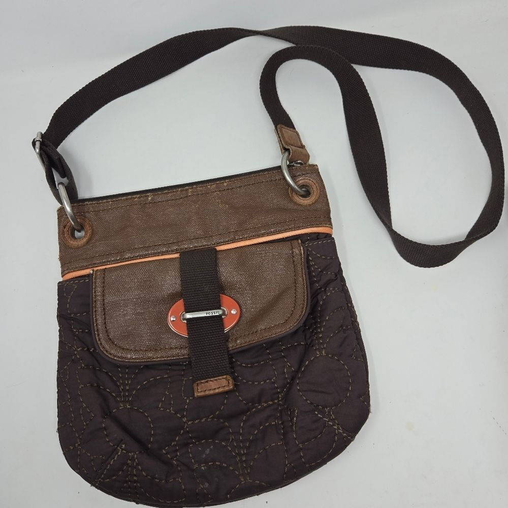 FOSSIL Brown Floral Quilted Leather Trim Crossbody Shoulder Bag Key-per